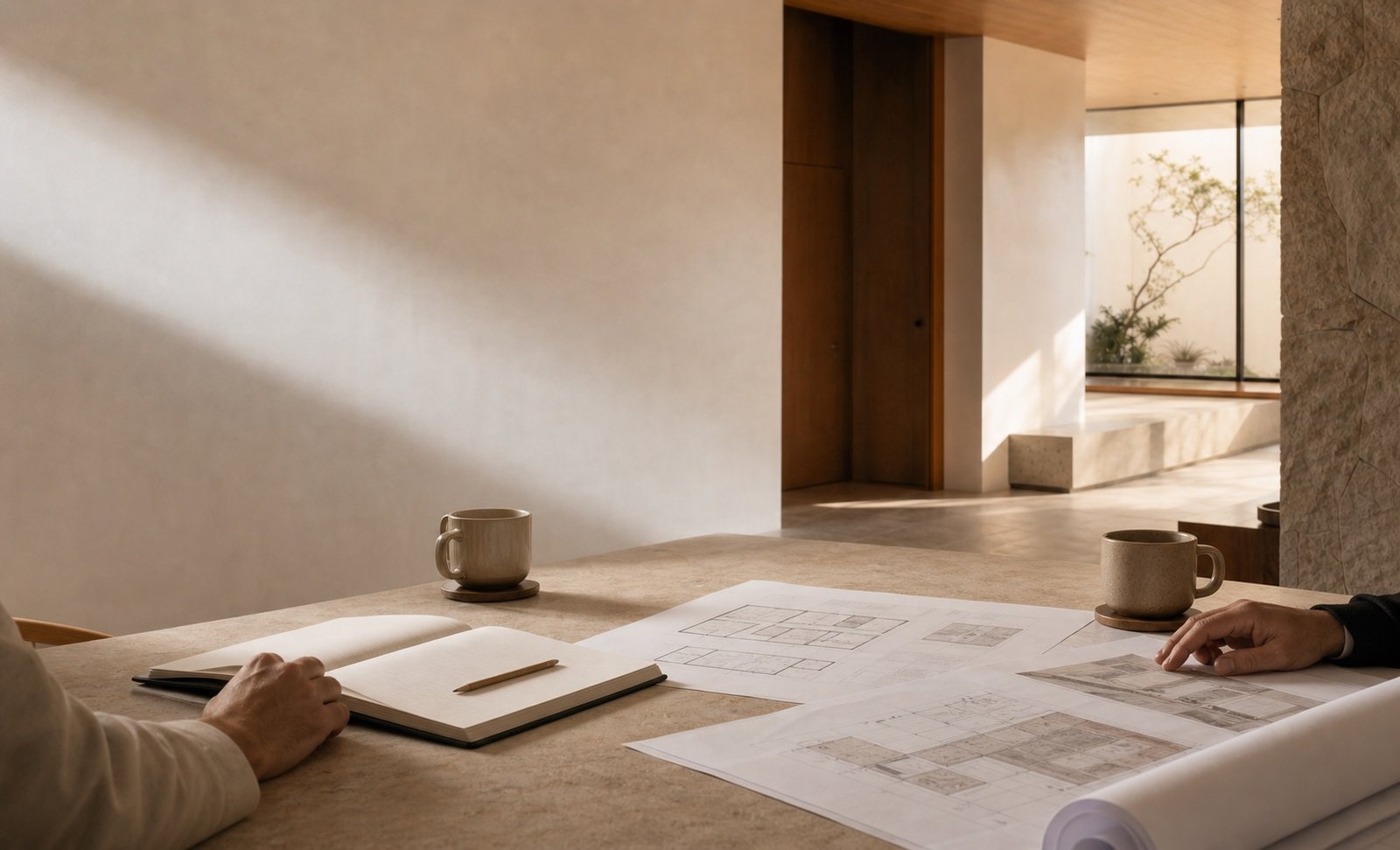 Mesa de consulta con planos, libreta y luz natural en un estudio de arquitectura
