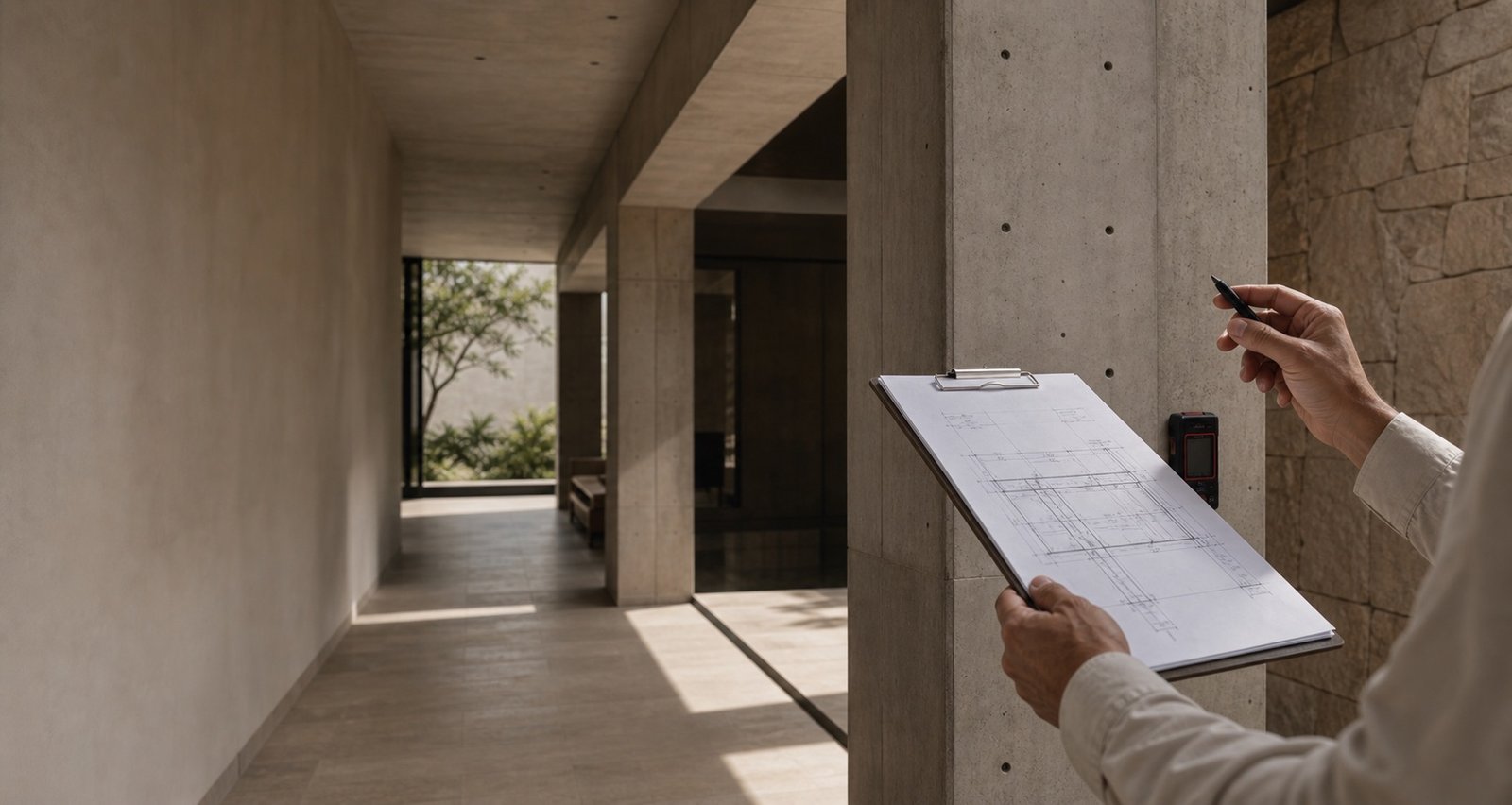 Revisión técnica de estructura con planos en un inmueble sobrio
