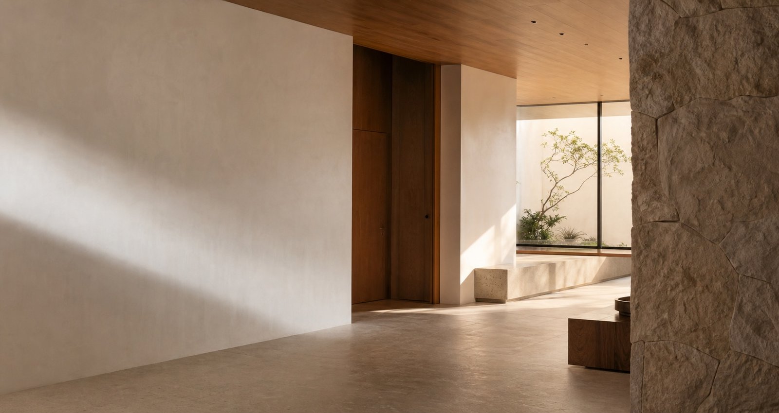 Interior arquitectónico cálido terminado con materiales nobles