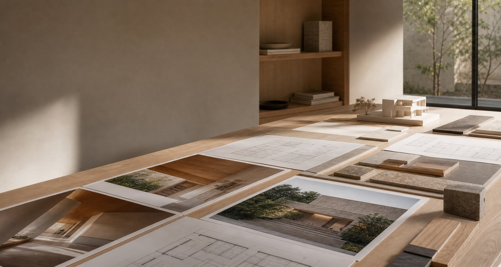 Mesa de estudio con proyectos, fotografías, planos y muestras de materiales