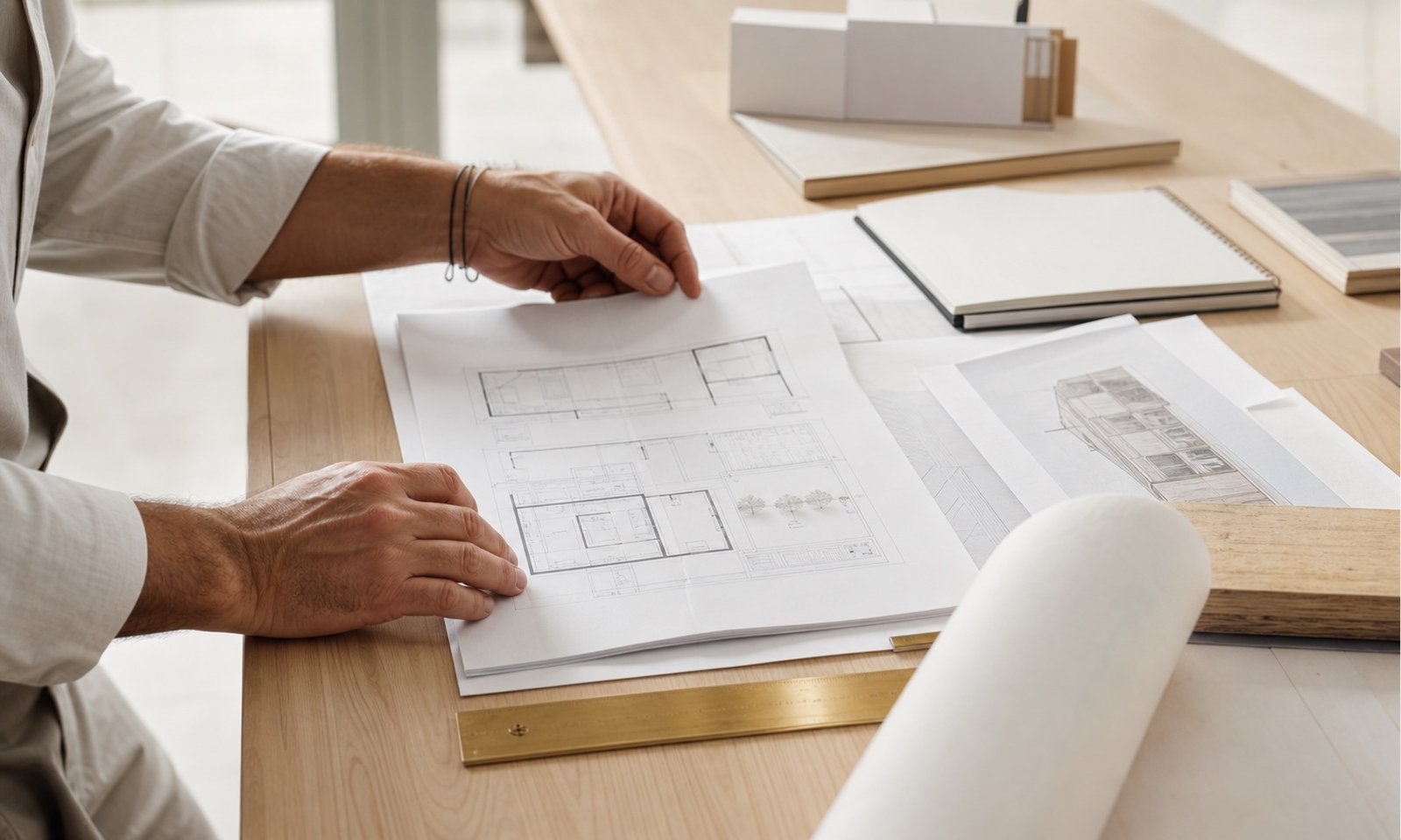 Manos revisando planos para dictamen técnico