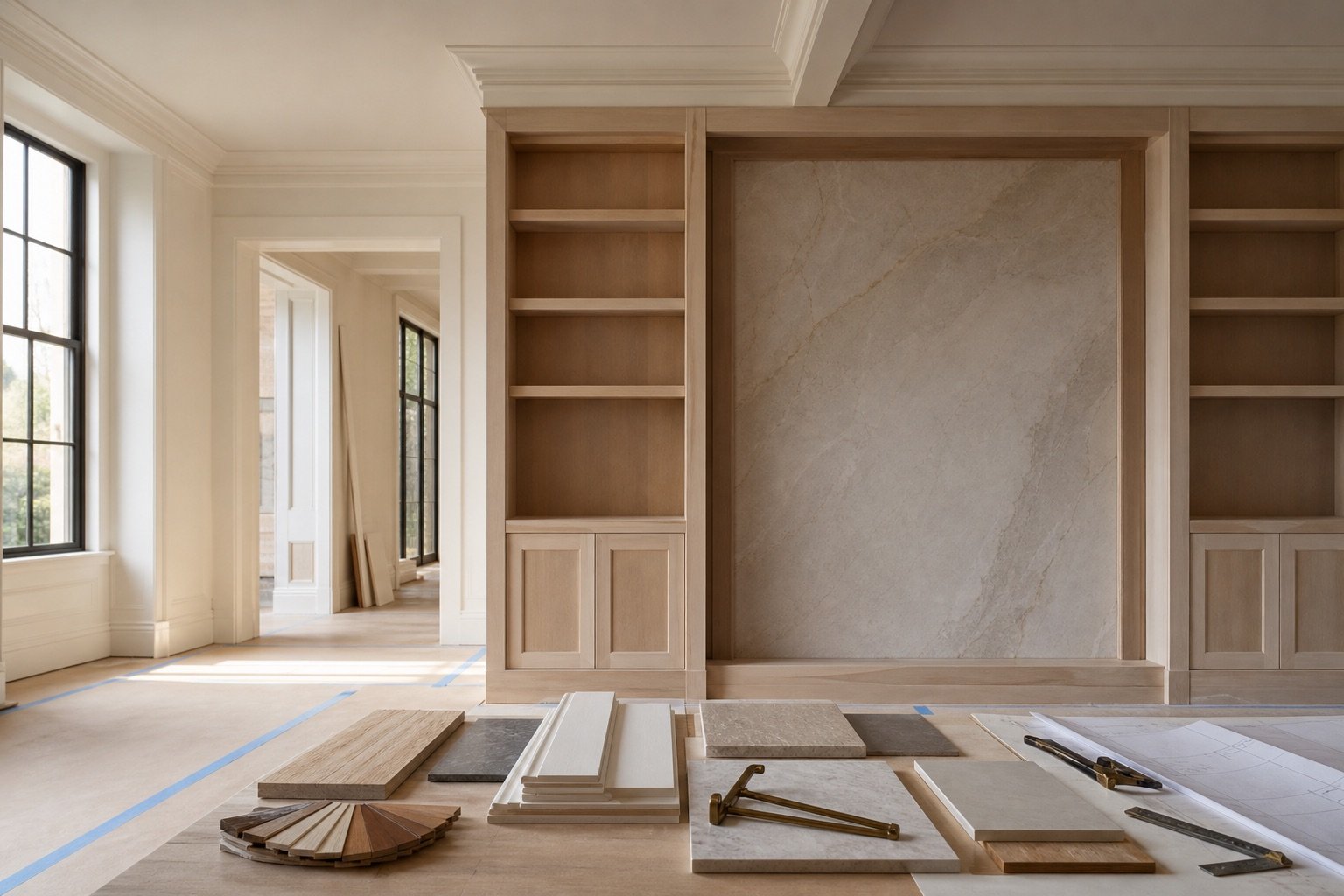 Remodelación ordenada con muestras de materiales, madera y piedra
